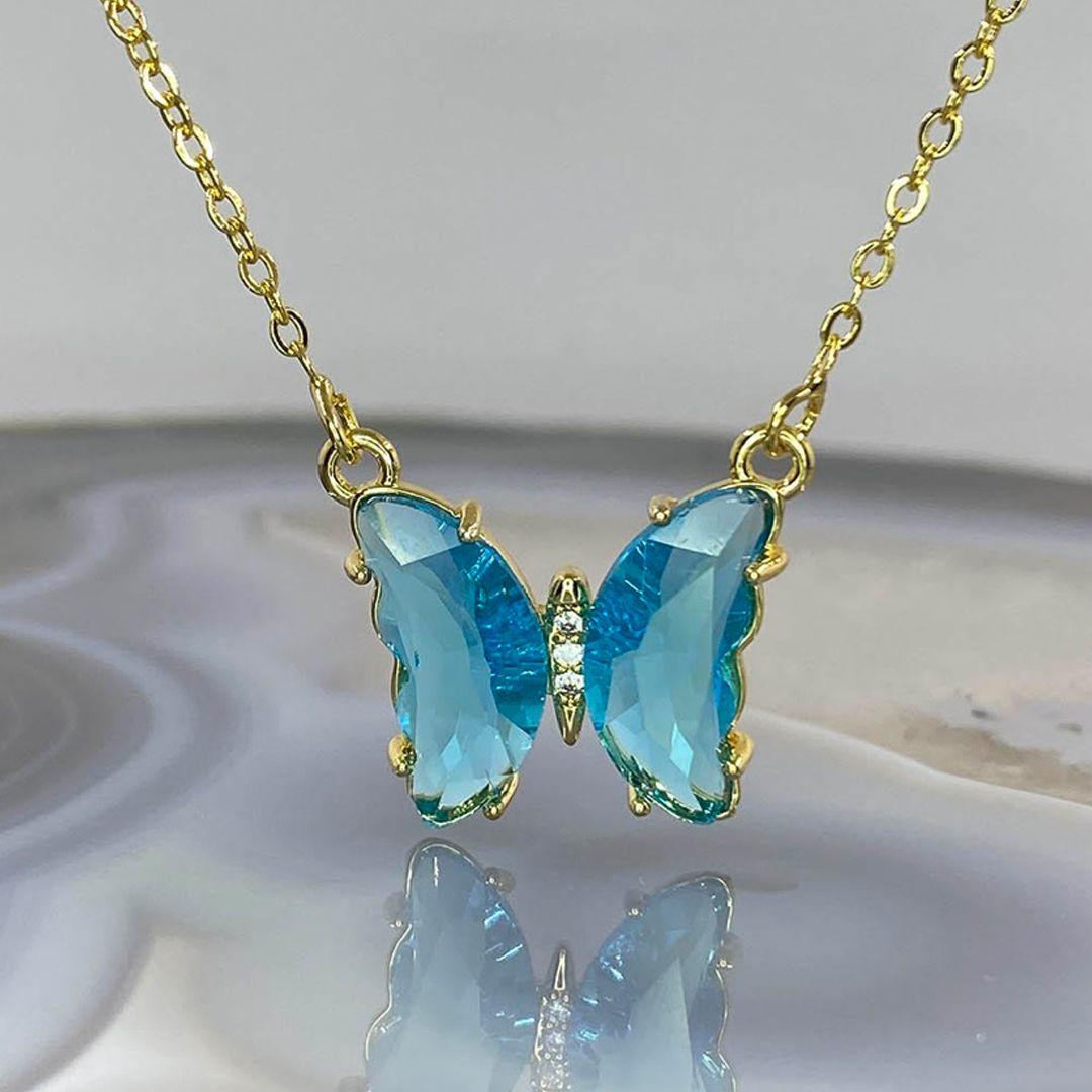 Blue crystal butterfly pendant necklace