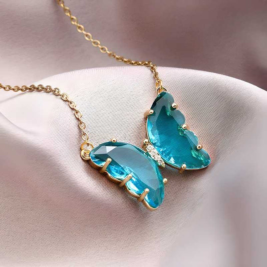 Blue crystal butterfly pendant necklace