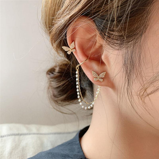 Butterfly pearl ear bone clip earrings all-in-one female super fairy tassel earrings